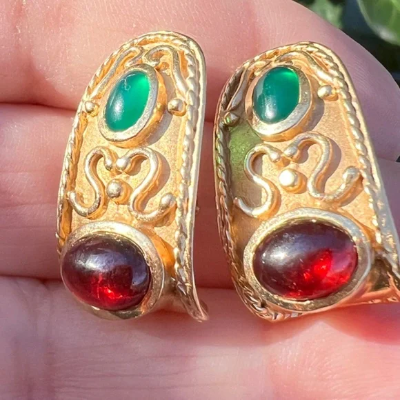 VINTAGE 14K GOLD CABOCHON GARNET GREEN CHRYSOPRASE EARRINGS STATEMENT CUSTOM - Picture 13 of 16